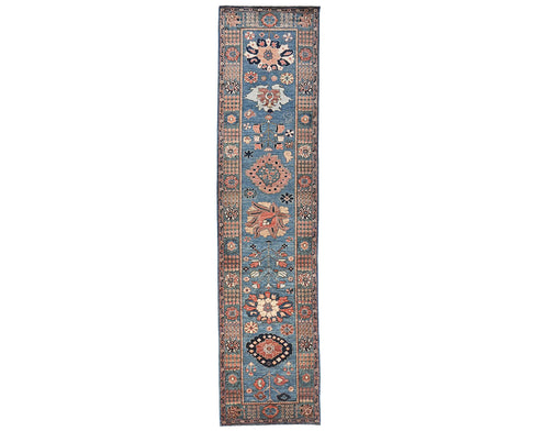 12 Ft Blue Aryana Afghan Hand Knotted Veg Dye Wool Runner Rug